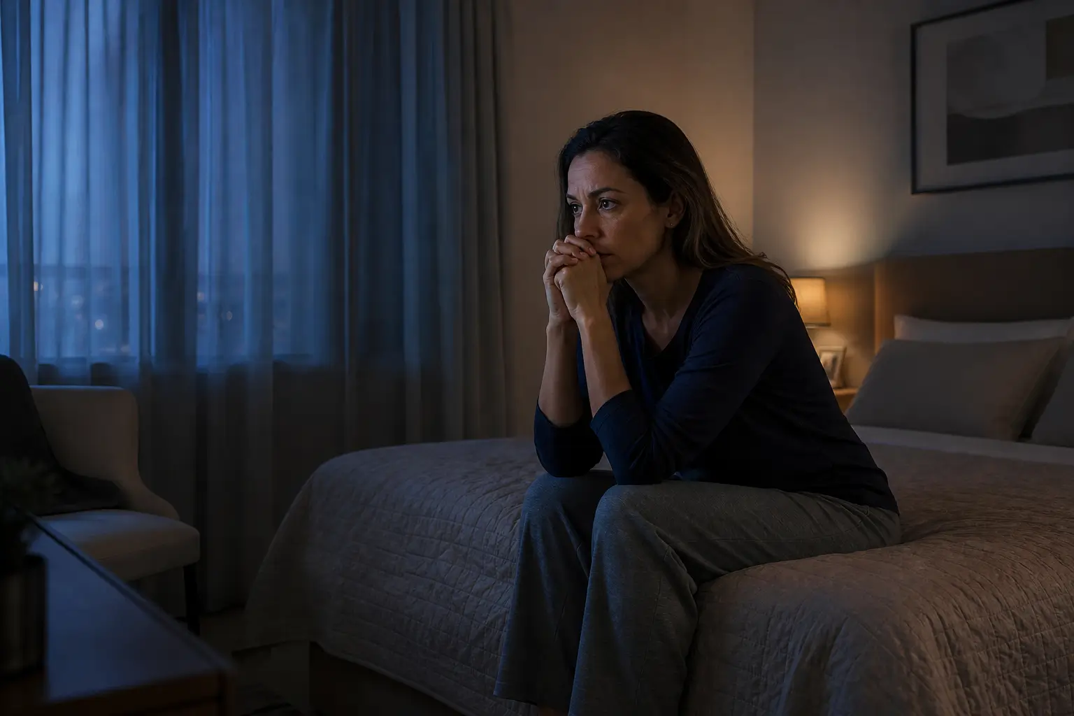 Pessoa com dificuldade para relaxar à noite, representando busca por psiquiatra para ansiedade em Lajeado.
