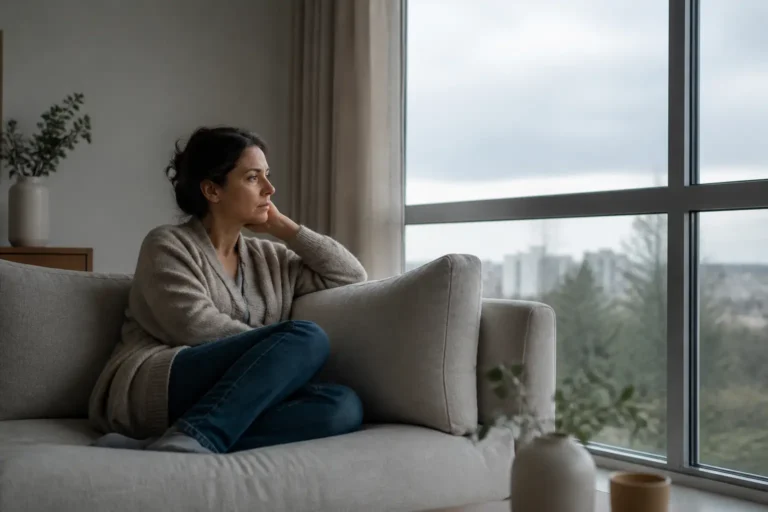 Pessoa adulta com expressão de desânimo e cansaço emocional, representando busca por psiquiatra para depressão em Lajeado.