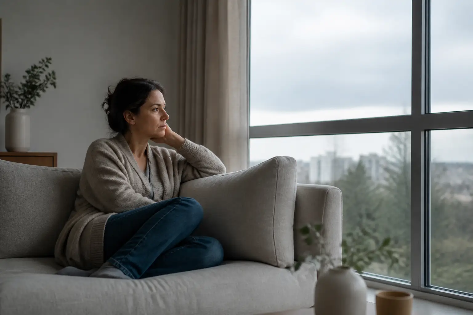Pessoa adulta com expressão de desânimo e cansaço emocional, representando busca por psiquiatra para depressão em Lajeado.